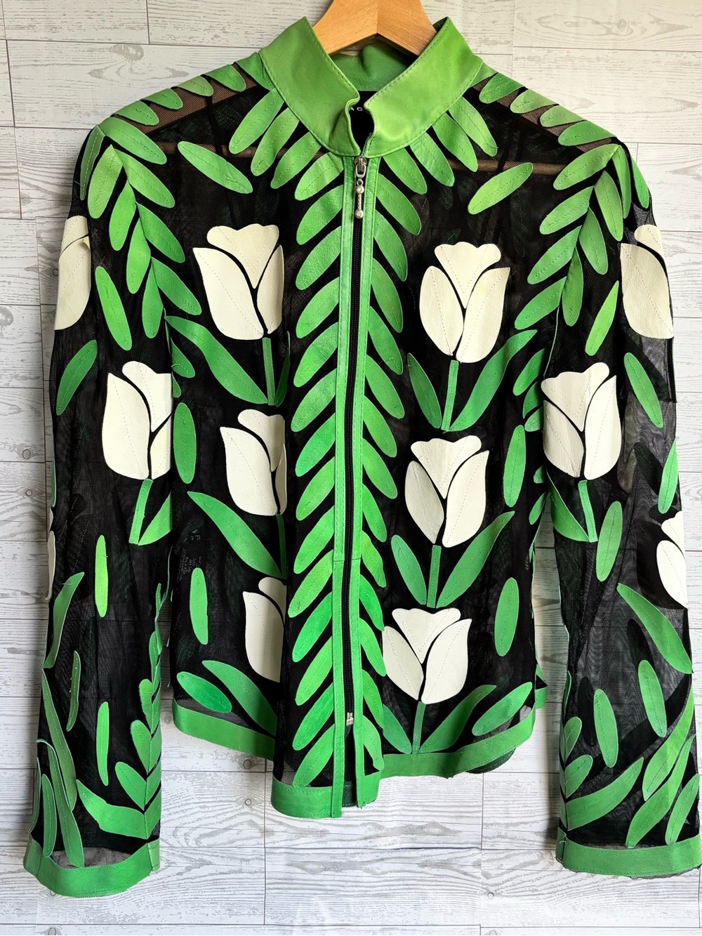Neiman Marcus Women’s Leather Leaf-Trimmed Sheer Organza Jacket Floral Tulip XL